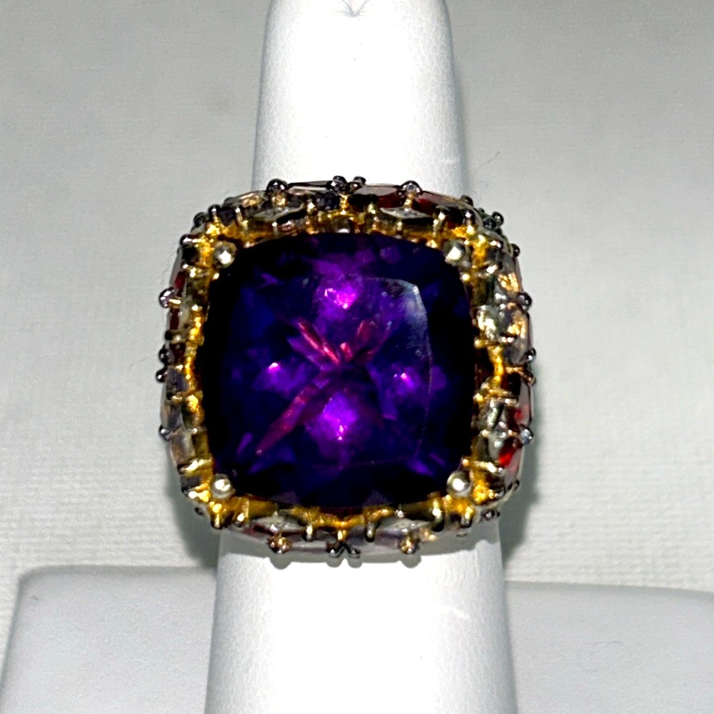 Chuck Clemency Genuine Amethyst Garnet 14K/925 Sterling Silver Statement Ring